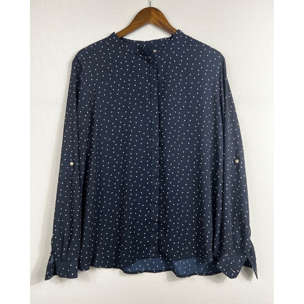 LOFT‎ Polka Dot Roll Tab Sleeve Blouse Size XL Navy Blue